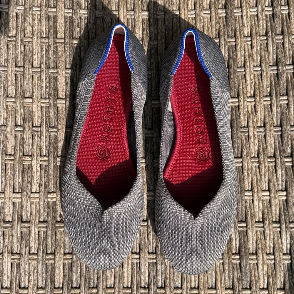 Rothy's Charcoal Knit Slip-On with Red Insole and Blue Stitching